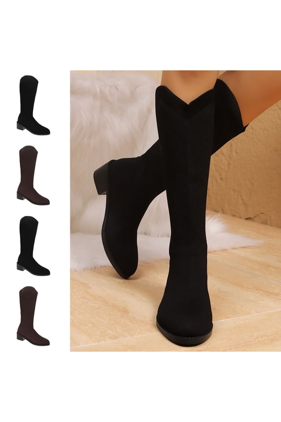 Women's Knitted Chunky Heel Boots Fall Winter Breathable Casual Sock Shoes Black Size 9