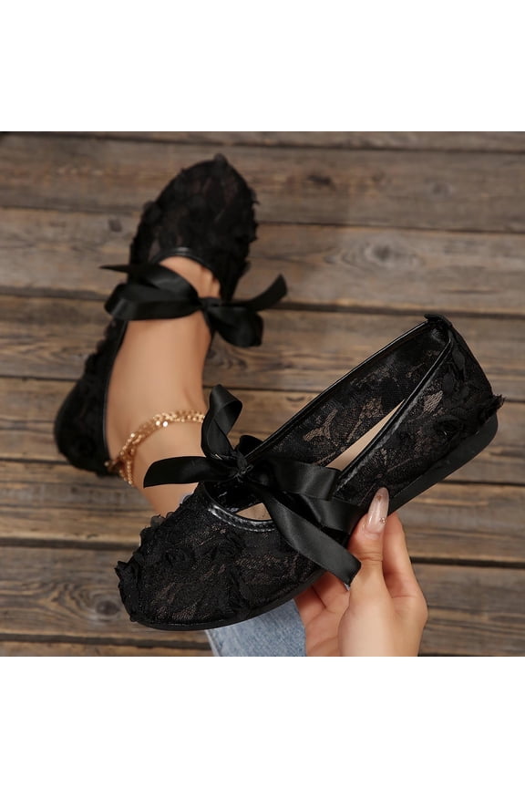 Women's Lace-Up Flats, Bow Accent Pointed Toe Lace-Up Design Elegant Soft Sole Shoes Black