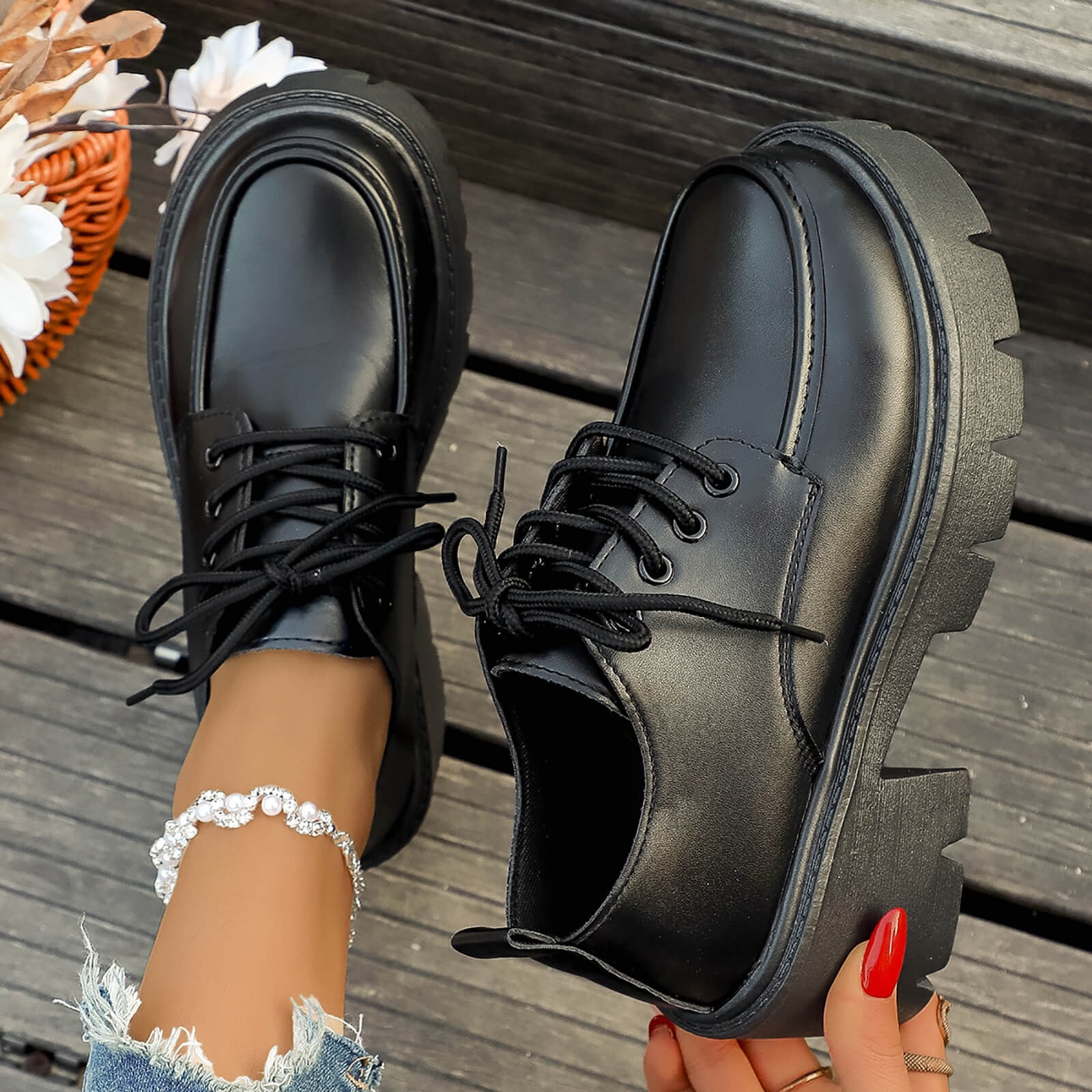 Crunowin Women's Lace-Up Loafers, Spring Style Lace-Up Closure Thick ...