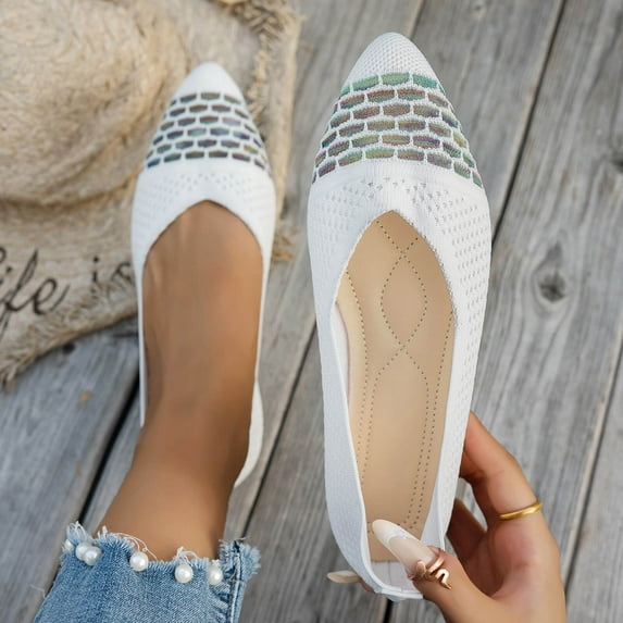 Crunowin Women's Large Size Flats Pointed Toe Toe & Heel Cap Slip-On Style Breathable Soft Sole Shoes White Size9.5