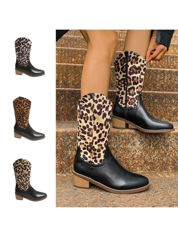 Women's Leopard Print Suede Side Zipper Boots Plus Size Slip-Resistant Fall Winter Mid-Calf Shoes Camouflage Size 7.5