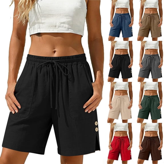Crunowin Women’s Linen-Blend Shorts, Side Slits Summer Shorts with Functional Patch Pockets Decorative Button Details Lightweight, Breathable Outfits Black Size S