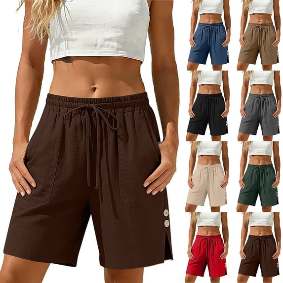 Crunowin Women’s Linen-Blend Shorts, Side Slits Summer Shorts with Functional Patch Pockets Decorative Button Details Lightweight, Breathable Outfits Brown Size L