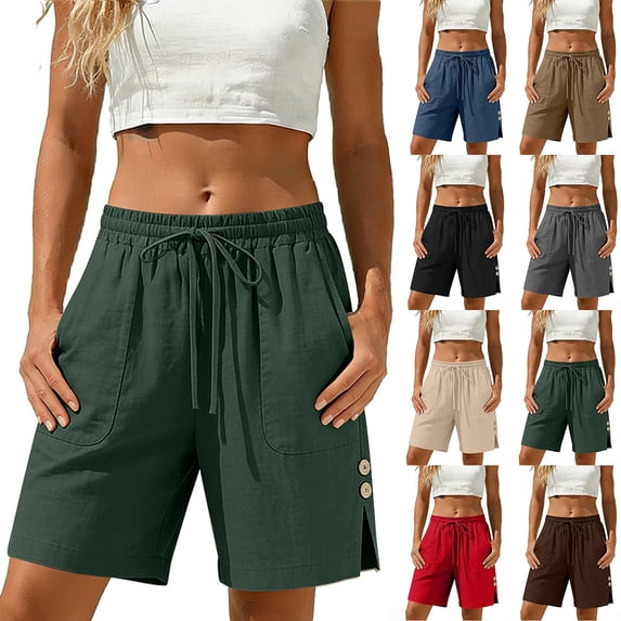Crunowin Women’s Linen-Blend Shorts, Side Slits Summer Shorts with Functional Patch Pockets Decorative Button Details Lightweight, Breathable Outfits Green Size S