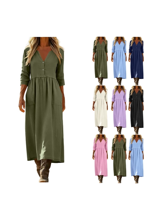 Women’s Linen Button-Front Midi Dress Relaxed Fit with Functional Patch Pockets Flattering Quarter-Length Sleeves Pink Size S
