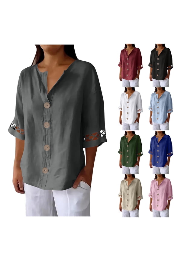 Women’s Linen Button Shirts, Lace Trim 3/4 Sleeve V-Neck Casual Top Pink S