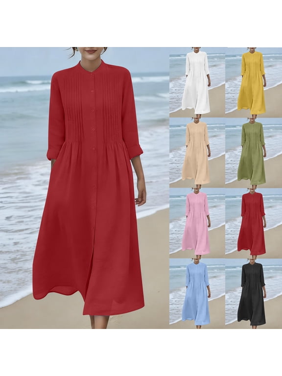 Women’s Linen Maxi Dress, Round-Neck Pocket Long Dress Long-Sleeve Casual Summer Beach Dress for Vacation White S