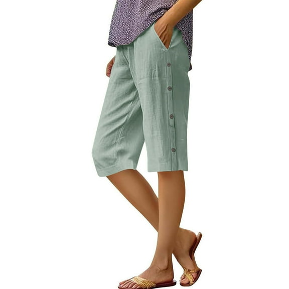 Crunowin Women's Linen Shorts With Side Buttons Pockets Casual Summer Beach Shorts Green Size S