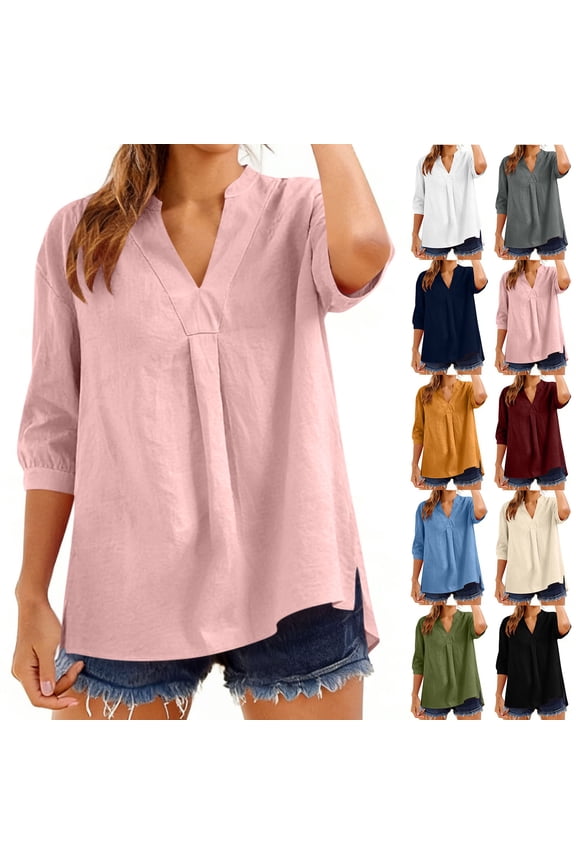 Women’s Linen V-Neck Blouse, 3/4 Smocked-Cuff Casual Top Black 2XL