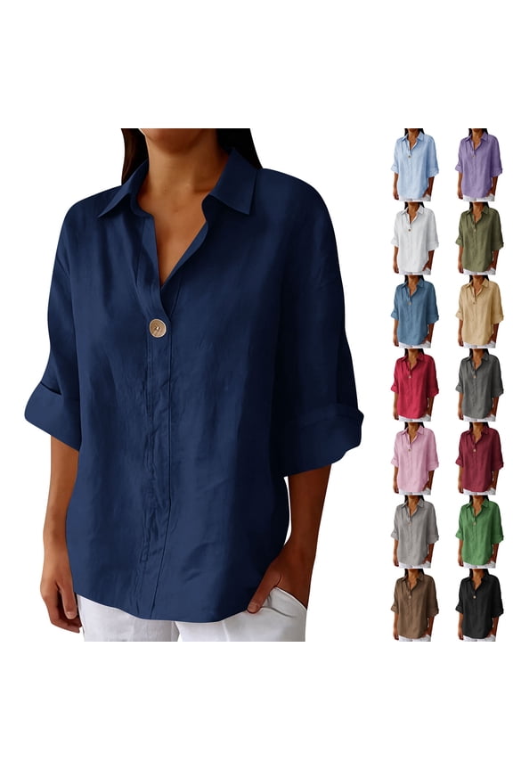 Women’s Linen V-Neck Leisure Tee, 3/4-Sleeve Collared Summer Top Khaki L