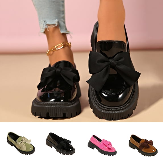 Crunowin Women's Loafers, Bowknot Patent Leather Plus Size British Comfortable Fall Winter Shoes Black 6.5