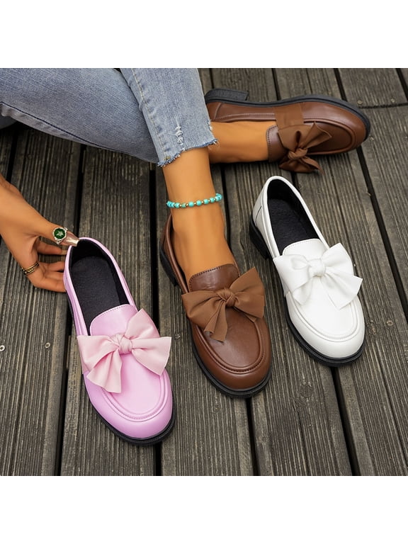Women's Loafers, Plus Size British Non-Slip Flat Sole Bowknot Patent Leather Fall Winter Shoes White 5.5