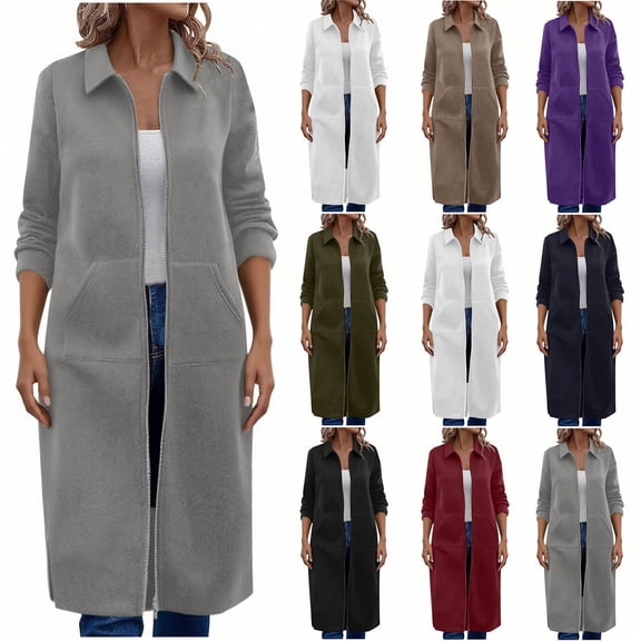 Crunowin Women's Long Jacket, Casual Zip up Tunic Lapel Sweatshirt with Pocket Black 2XL