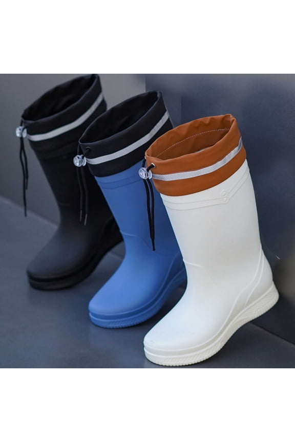 Women's Long Rain Boots, Fleece Lined Drawstring Long Tube Waterproof Outdoor Shoes White 7.5