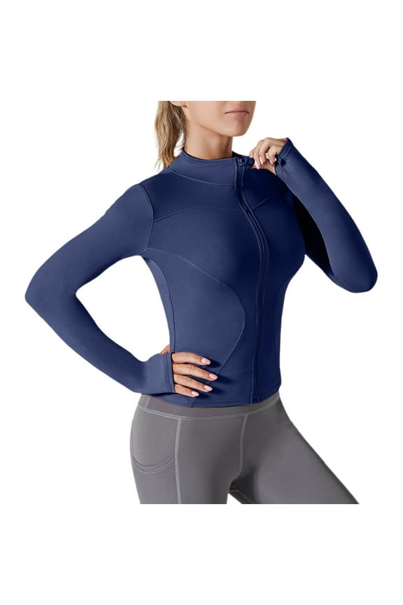 Women's Long Sleeve Work Out Yoga Shirts Full Zip Casual Sun Protection Jacket with Thumb Holes Blue Size XL