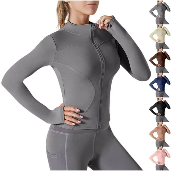 Crunowin Women's Long Sleeve Work Out Yoga Shirts Full Zip Casual Sun Protection Jacket with Thumb Holes Gray Size L