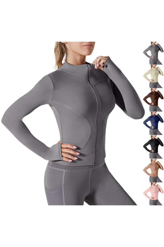 Women's Long Sleeve Work Out Yoga Shirts Full Zip Casual Sun Protection Jacket with Thumb Holes Gray Size L