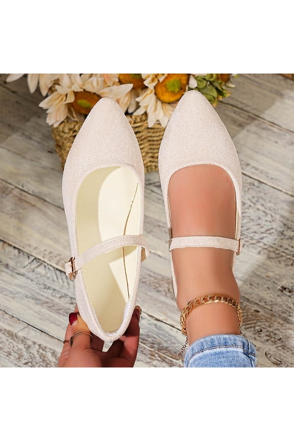 Women's Low Heel Flats, Suede Material Pointed Toe One Button Spring Elegant Shoes Beige
