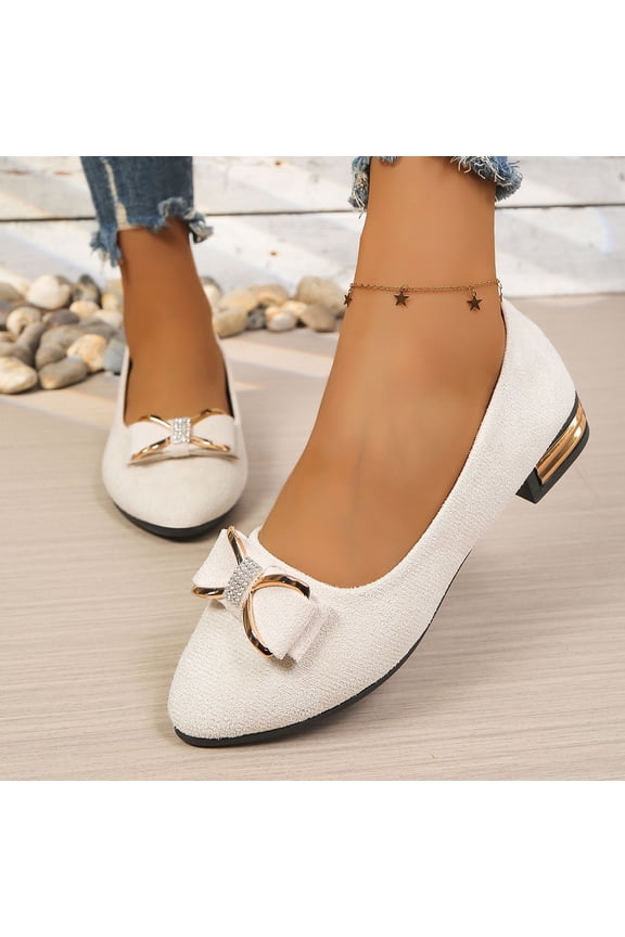 Women's Low Heel Suede Pumps, Cool British Style Spring/Summer Casual Comfortable Metal Bow Design Everyday Wear Shoes Beige
