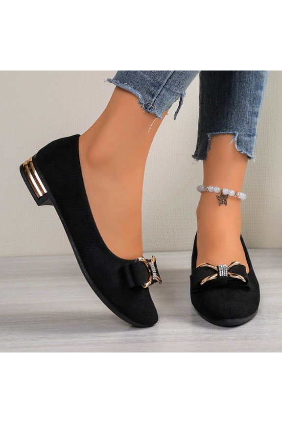 Women's Low Heel Suede Pumps, Cool British Style Spring/Summer Casual Comfortable Metal Bow Design Everyday Wear Shoes Black