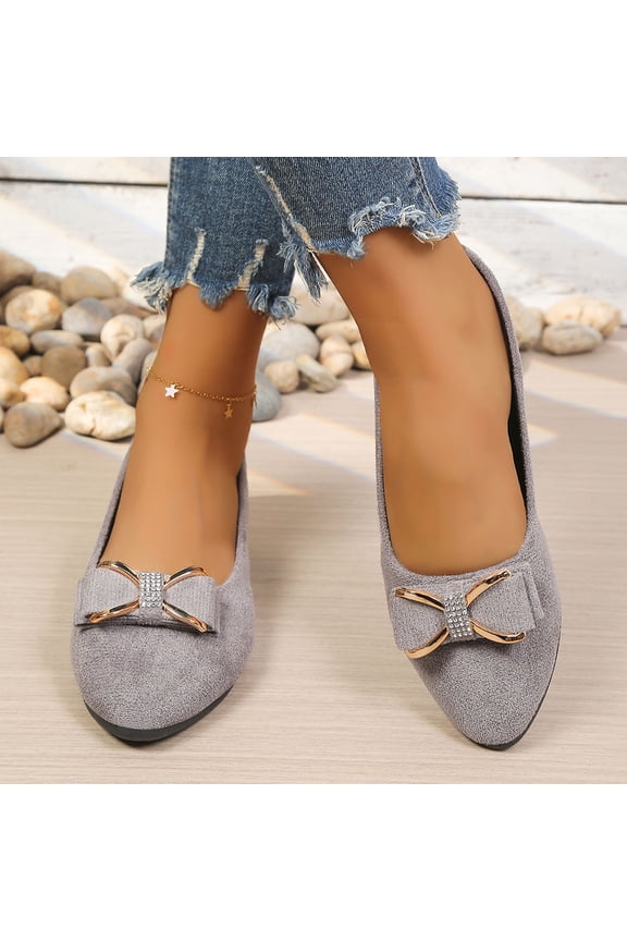 Women's Low Heel Suede Pumps, Cool British Style Spring/Summer Casual Comfortable Metal Bow Design Everyday Wear Shoes Dark Gray