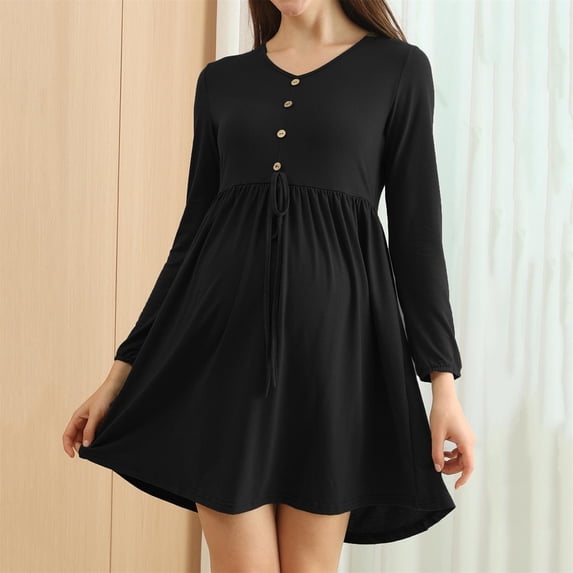 Crunowin Women's Maternity Dress, Cinched Waist Solid Color Round Neck Long Sleeve Outdoor Casual Dress Black L