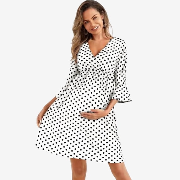 Crunowin Women's Maternity Dress, Elastic Waist Dot Print Three-Quarter Sleeves V-Neck Knee Length Maternity Dress White S