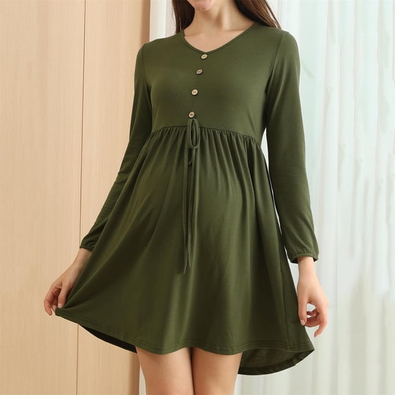 Crunowin Women's Maternity Dress, Solid Color Round Neck Long Sleeve Cinched Waist Outdoor Casual Dress Army Green M