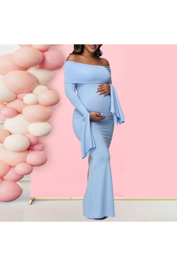 Women's Maternity Evening Dress, One Shoulder Flared Sleeve Split Hem Slim Bodycon Pregnancy Dresses Blue L