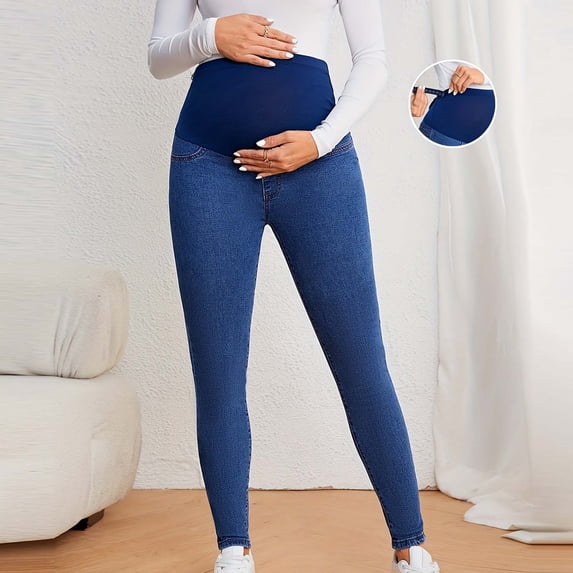 Crunowin Women's Maternity Jeans, High-Waisted Stretchy & Pockets Straight Leg Full Length Jeans Blue L
