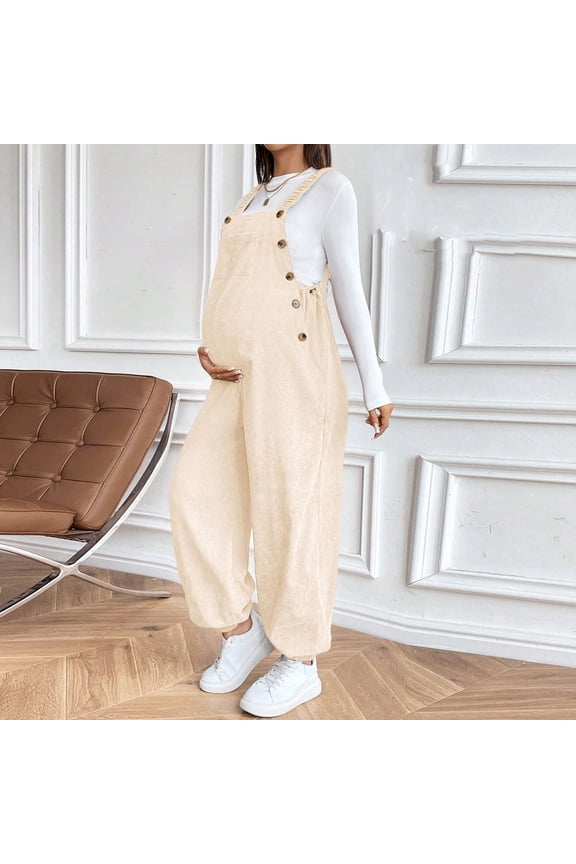 Women's Maternity Jumpsuit Pants, Adjustable Waist Casual & Corduroy Sleeveless Overalls Beige L