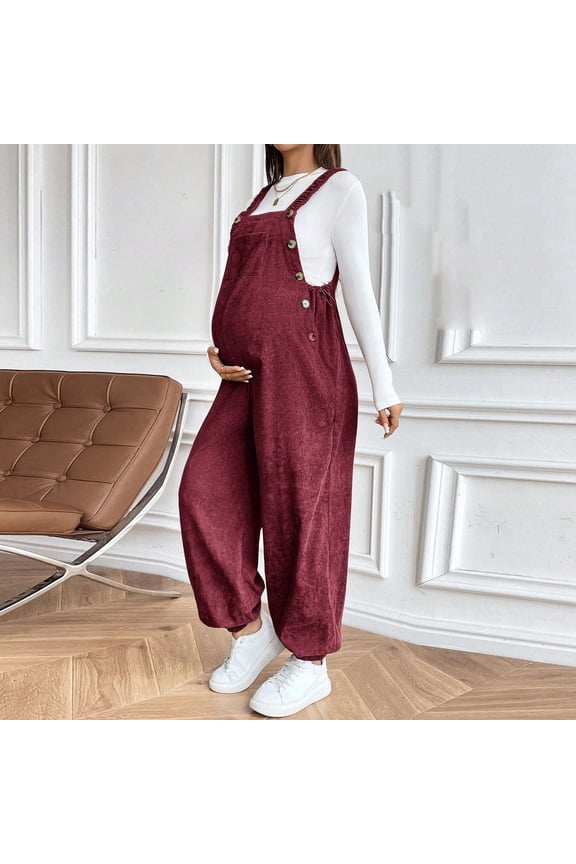 Women's Maternity Jumpsuit Pants, Casual & Corduroy Sleeveless Adjustable Waist Overalls Wine S