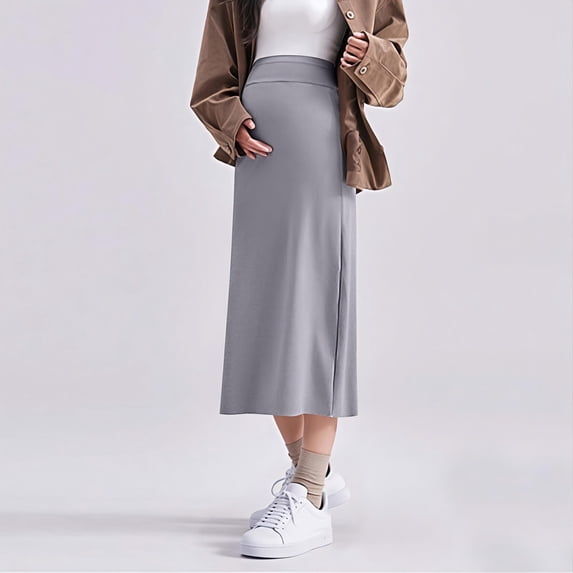 Crunowin Women's Maternity Midi Skirt, Solid Color Loose Plus Size Thickened Fall Winter Pregnancy Clothes Gray L