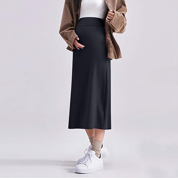 Crunowin Women's Maternity Midi Skirt, Solid Color Thickened Fall Winter Loose Plus Size Pregnancy Clothes Black XL