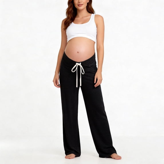 Crunowin Women's Maternity Sweatpants, Drawstring Loose & Comfortable High-Waisted Lounge Pants Black L