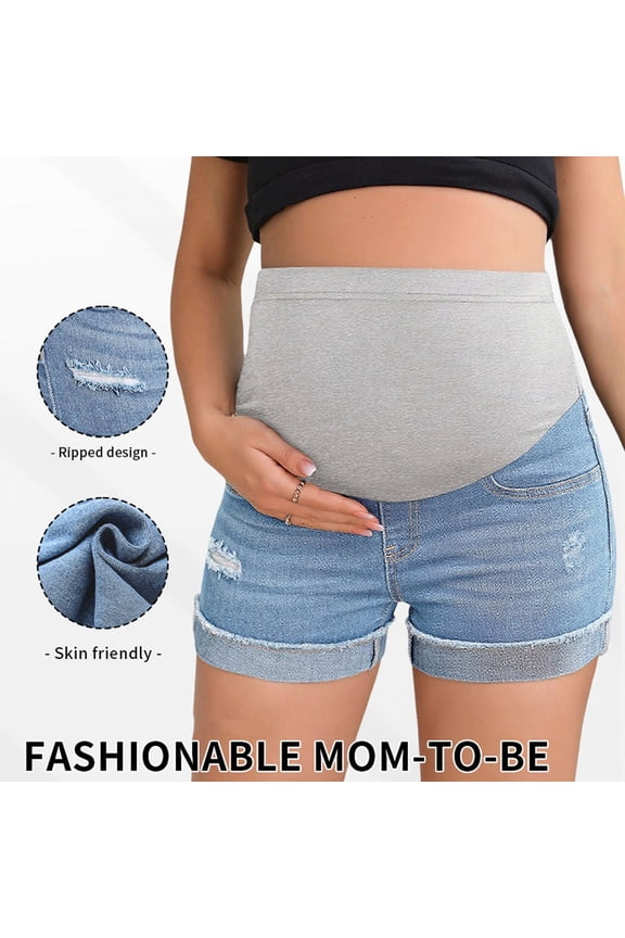 Women's Maternity Yoga Shorts, High-Waisted & Hip Lift Summer Ripped Denim Workout Shorts Light Blue XL