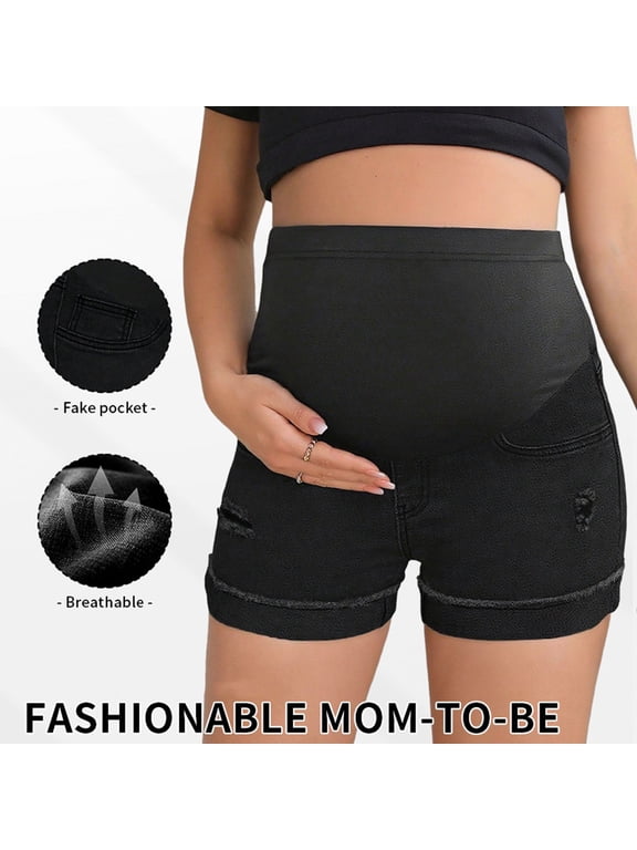 Women's Maternity Yoga Shorts, Summer High-Waisted & Hip Lift Ripped Denim Workout Shorts Black M