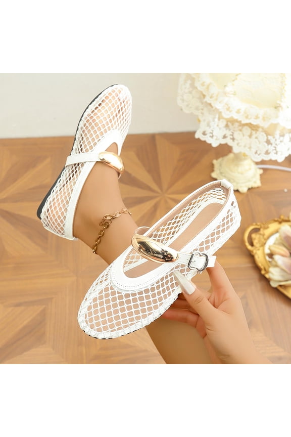 Women's Metal Buckle Fishnet Round Toe Vintage Flats, Mesh Design Fashionable Casual Spring Retro Style Everyday Footwear White 8