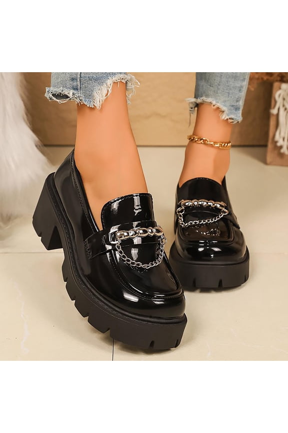 Women's Metal Chain Loafers, Matte Finish Metal Chain British Inspired Trendy Fashionable Footwear Black