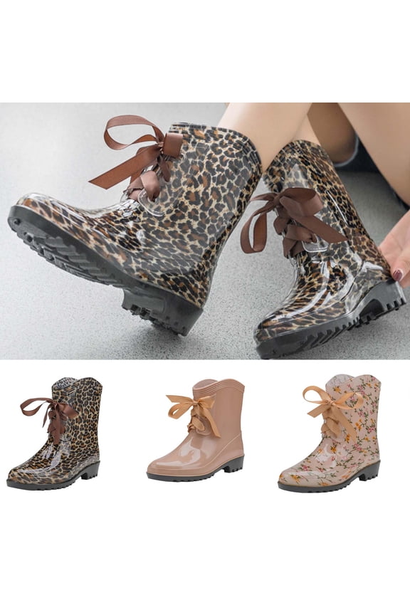 Women's Mid-Calf Rain Boots, Fashion Buckle Side Zipper High Heel Transparent Rubber Wedge Sole Comfort Shoes Brown 5