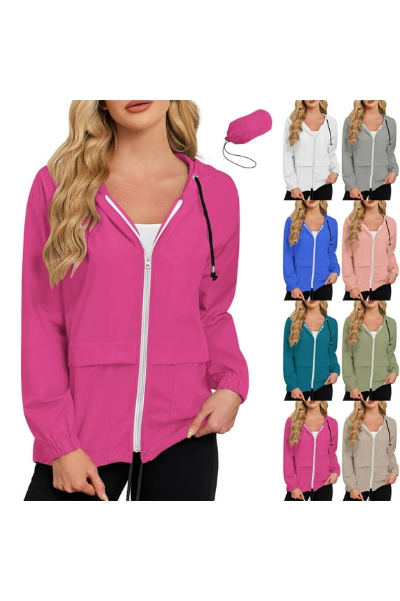 Women's Outdoor Jacket, Packable Lightweight Windbreaker Waterproof Quick Dry Drawstring Sports Outwear(including storage bag) Gray S