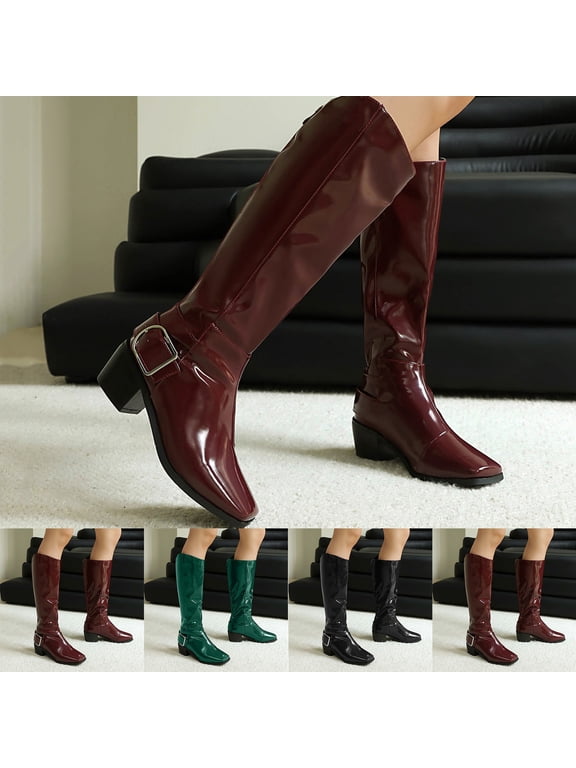 Women's Patent Leather Boots Mid-Calf Fashionable Fall Winter Comfort Shoes Black Size 5.5