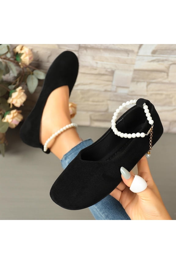 Women's Pearl Snap Flats, Pearl Button Covered-Toe Round Toe Everyday Casual Comfort Black