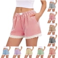 thumbnail image 1 of Crunowin Women's Plaid Home Shorts, Lace Patchwork Elastic Waist Summer Sleeping Shorts Light Blue M, 1 of 6