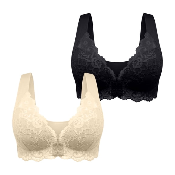 Crunowin Women's Plus Size Bra 2 Pack, Front Open Buckle Sexy Lace Full Coverage Traceless Breathable Comfort Daily Underwear Black XXXXXXXL