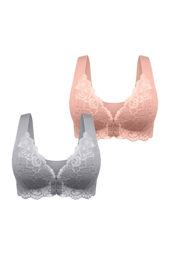 Women's Plus Size Bra 2 Pack, Front Open Buckle Traceless Breathable Comfort Sexy Lace Full Coverage Daily Underwear Pink L