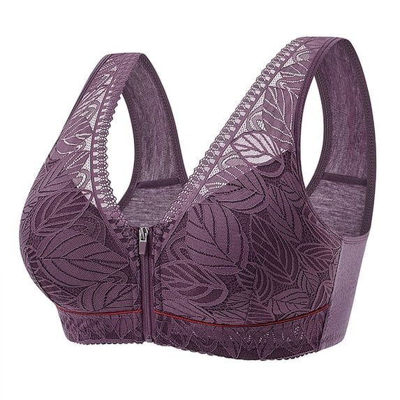 Crunowin Women's Plus Size Bra, Push Up Front Zip Graceful Printed Soft Comfort Wireless Everyday Underwear Purple XXXXXXL 52/120