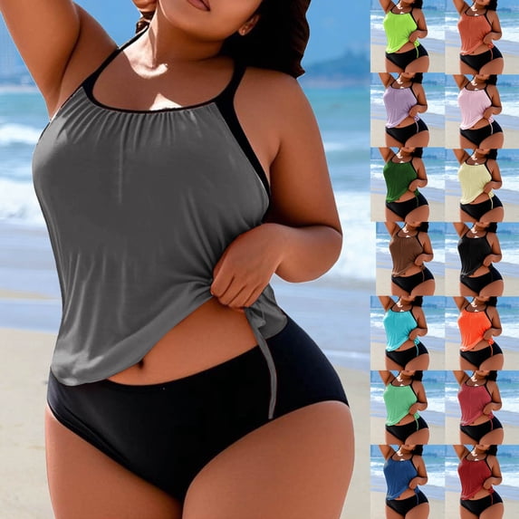 Crunowin Women’s Plus-Size Tankini Set, Padded Adjustable-Drawstring Two-Piece Swimsuit Black 4XL