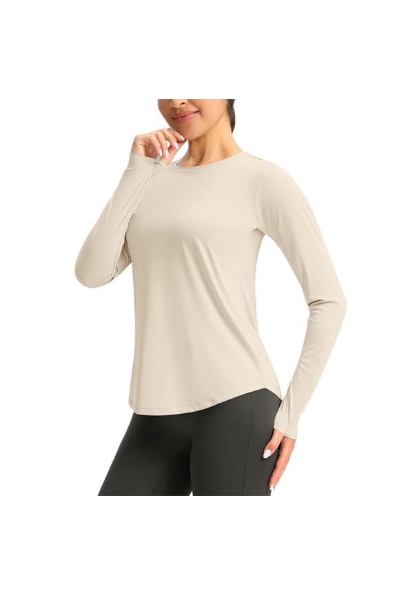 Women's Quick Dry Solid Sunscreen Shirts Long-Sleeved UPF 50+ Sun Protection Running Workout Summer T-Shirt Beige Size 2XL