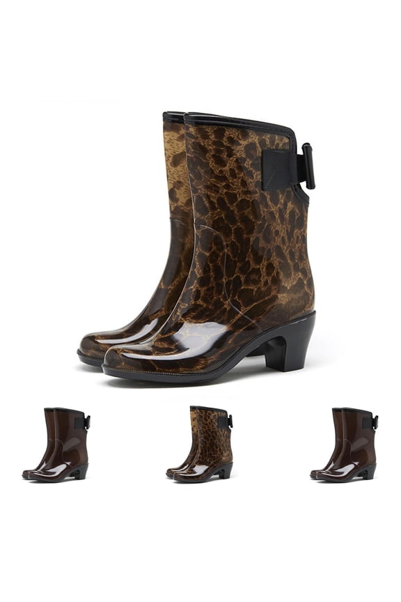 Women's Rain Boots, European Style Mid-Calf Bow Decoration Fashion Mid-Heel Outdoor Shoes Brown 7
